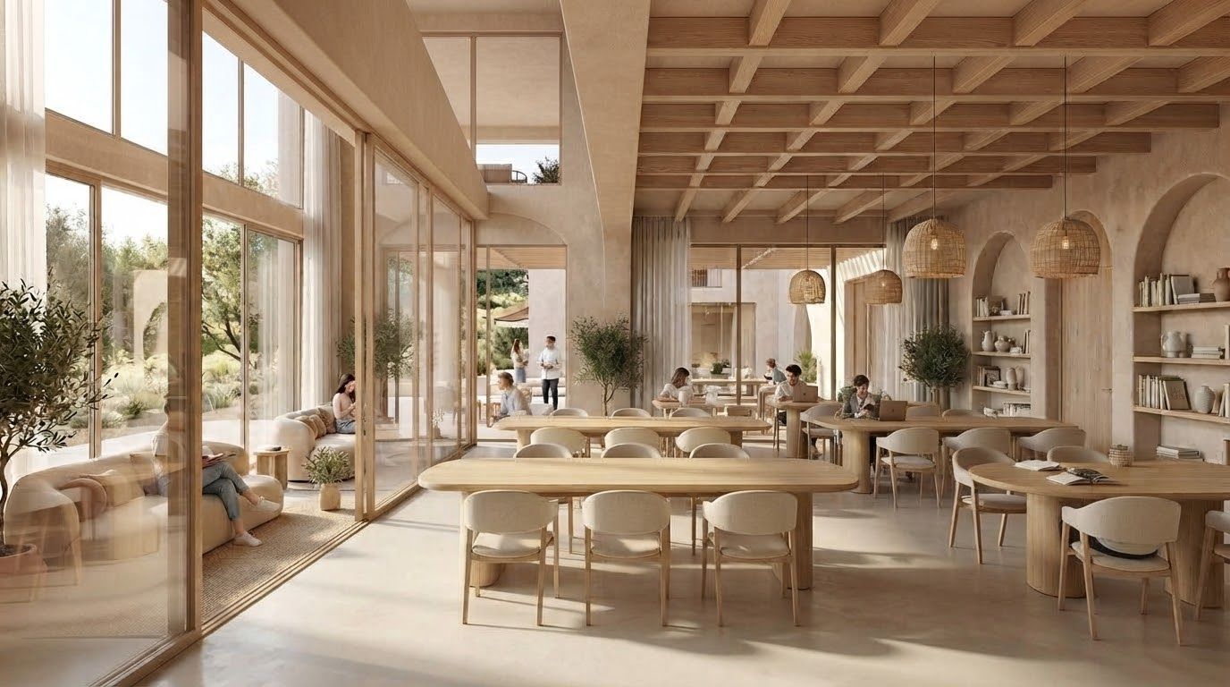 Espaço de cowork e convívio com mesas compridas de madeira, cadeiras estofadas, candeeiros de vime e grandes vãos envidraçados para o jardim